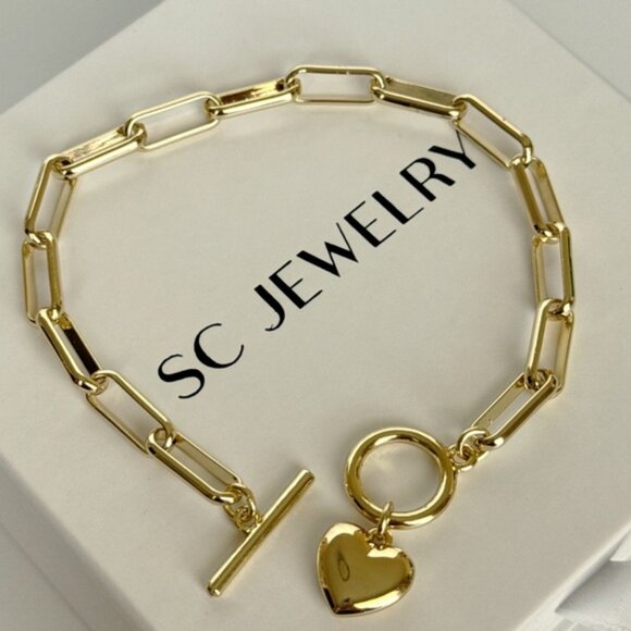 LAST ONE Paperclip Chain Bracelet 14k Gold Tone Heart Bracelet - Picture 2 of 10